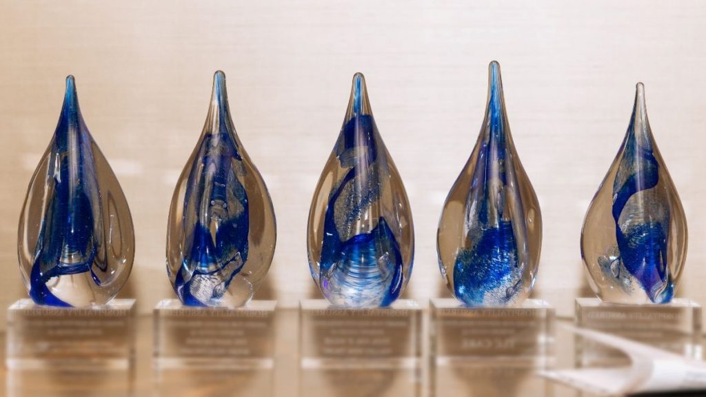 Hospitality Assured Awards 2022. Individual glass blown trophies